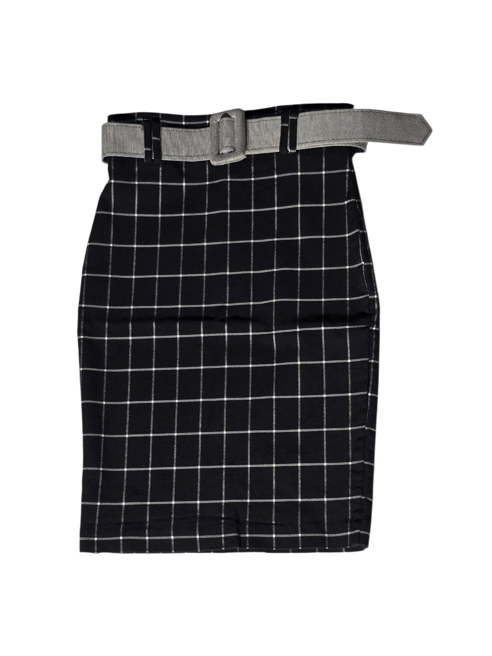 Windowpane Check Black Pencil Skirt with Gray Belt. Strech. NWOT